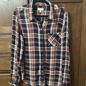 Lucky Brand Navy and Orange Plaid Shirt Medium